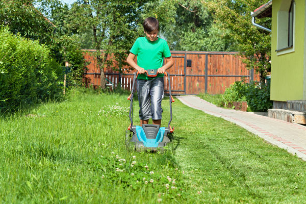 Boy Cutting Grass Around The House In Summertime